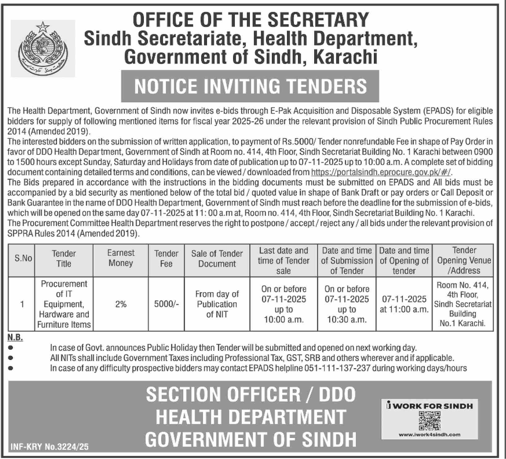 Health Department Karachi Tender Notice